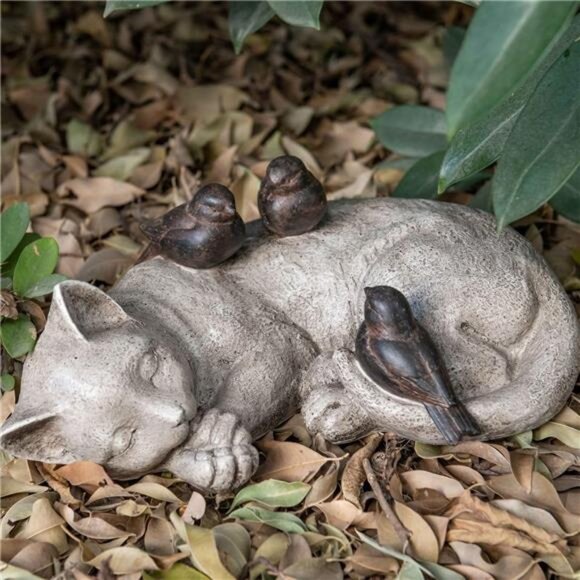 Sleeping Cat Garden Statues Outdoor- 12"Sparrows On Cat Figurine Memorial Statue - Picture 2 of 7